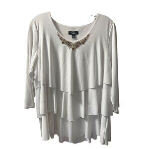 Susan Graver Artisan White Tiered 3/4 Sleeve Beaded Accent Top L
